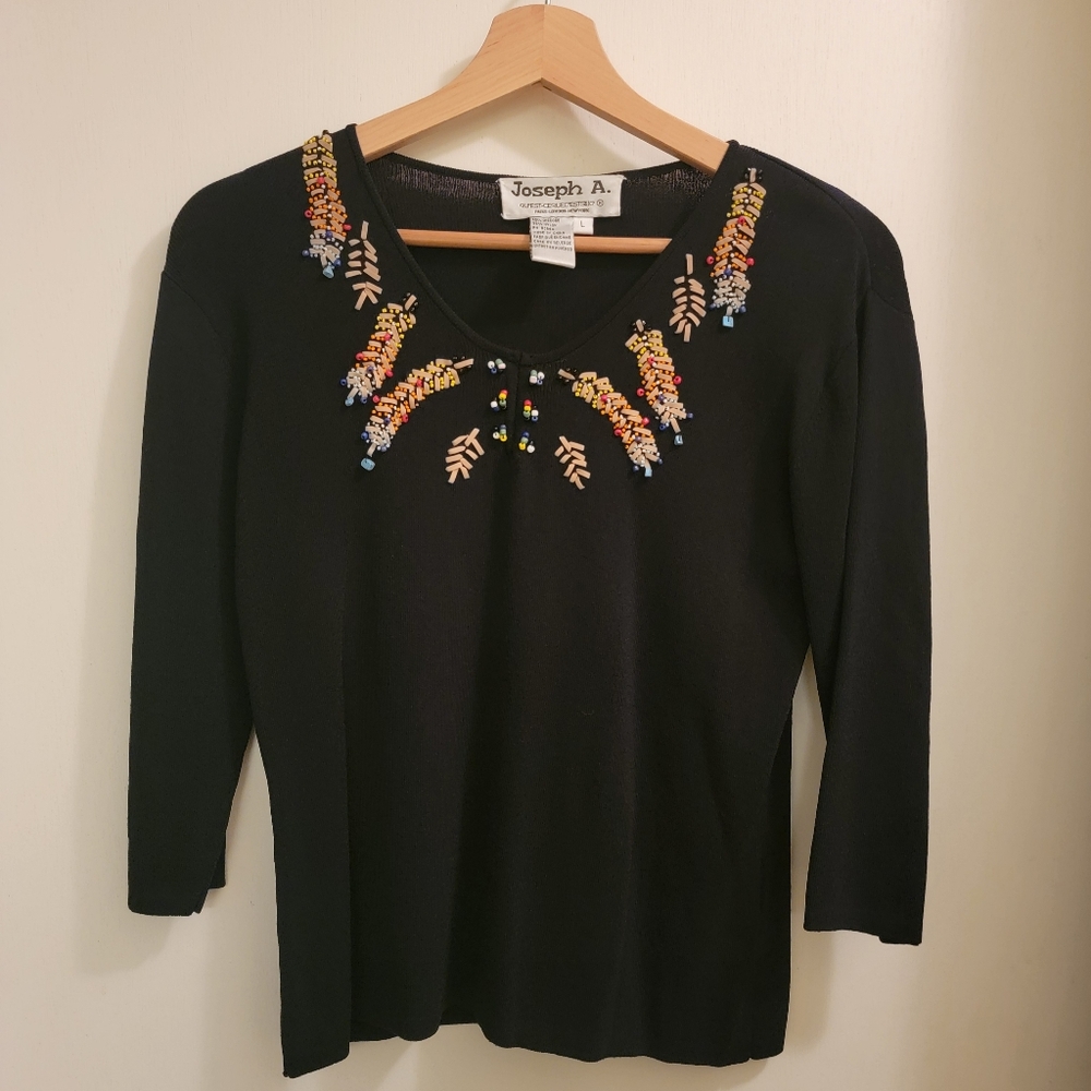 Joseph A Qu'est-ce QueC'est Black Beaded Women's Shirt Sz L Stretch 3/4 Sleeve